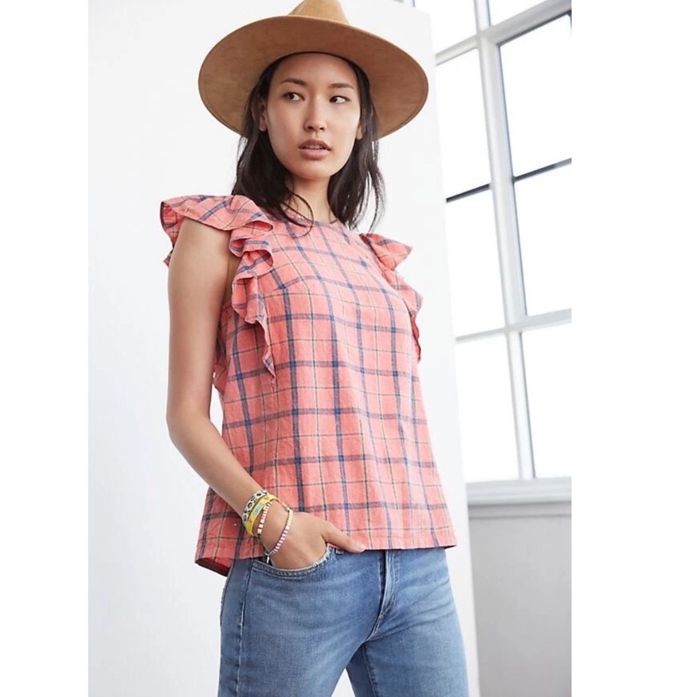 Anthropologie Amarette Blouse Pink Coral Plaid Ruffle Sleeveless Gingham M‎